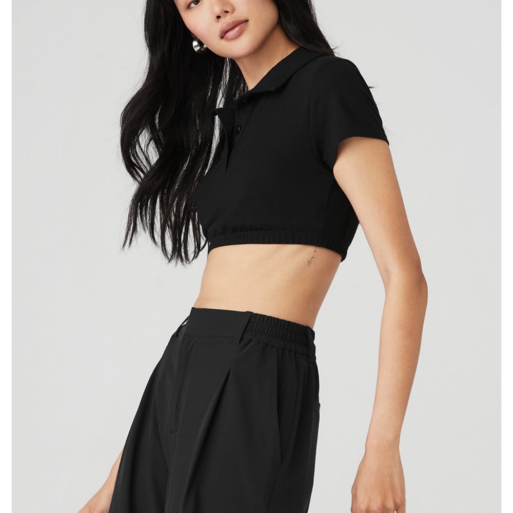 ALO Yoga Black Cropped Prestige Polo Top/ Shirt Womens Size Small - Picture 2 of 8